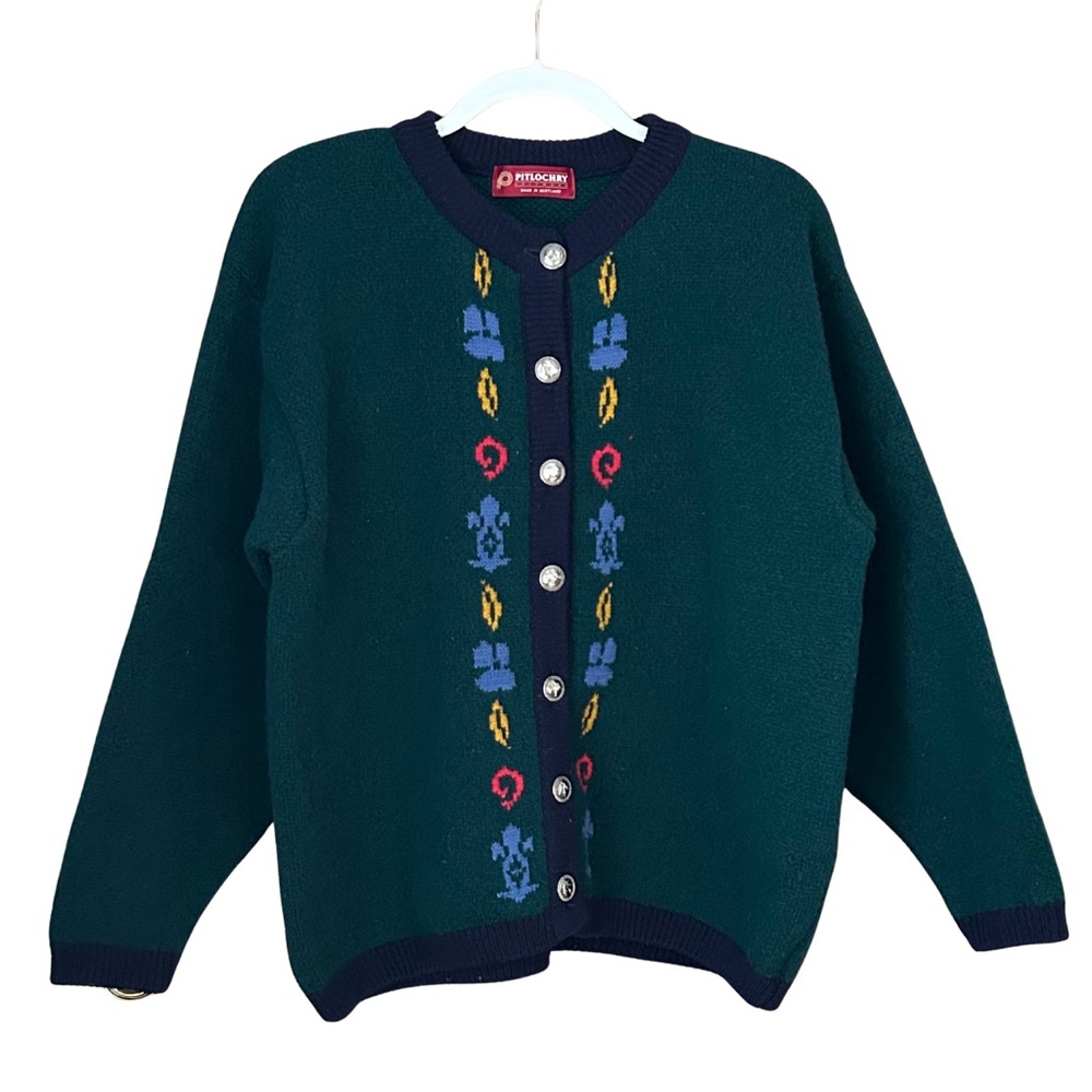 Pitlochry Vintage 100% Shetland Wool Green Button Up Sweater Cardigan